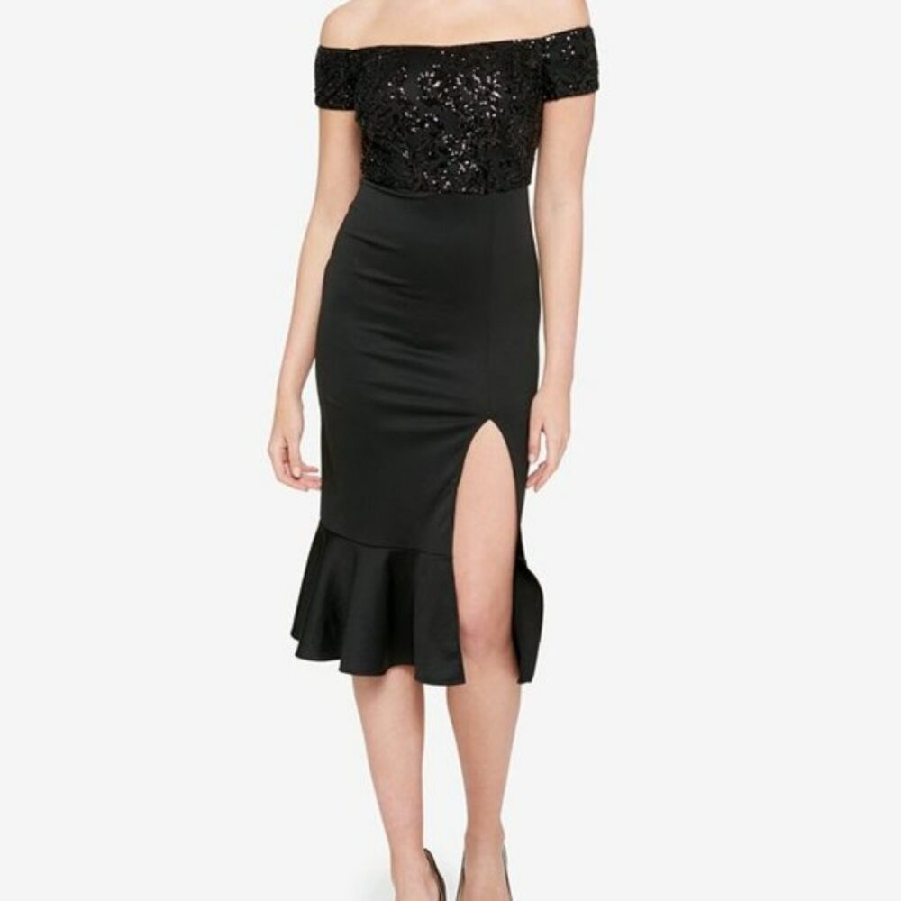 Guess Black Sequin Mermaid Off Shoulder Sleeve Dress Size 4